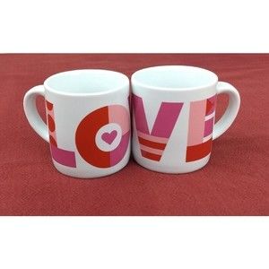 Crate & Barrel LOVE HEART MUGS‎ 3" White Coffee Cups w/ Red & Pink Set of 2